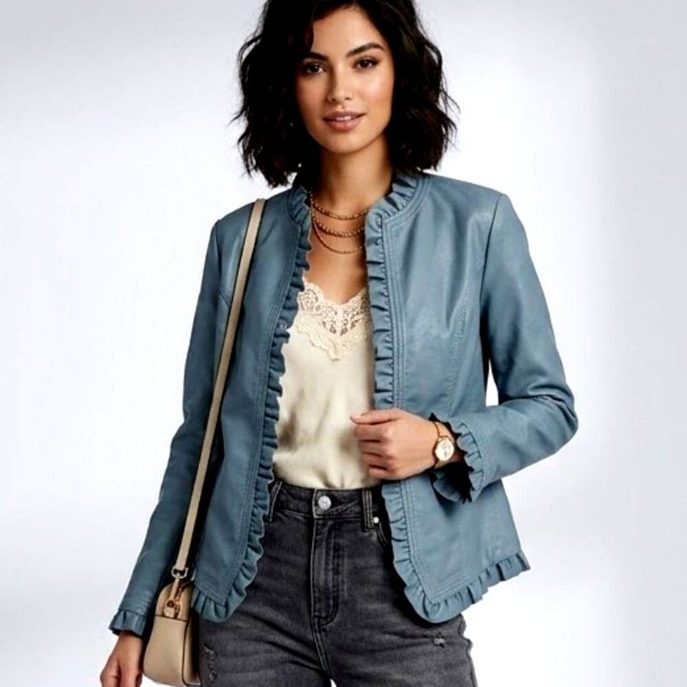 Hot In Hollywood Ruffled Slate Blue Faux Leather Moto Jacket Blazer SZ L